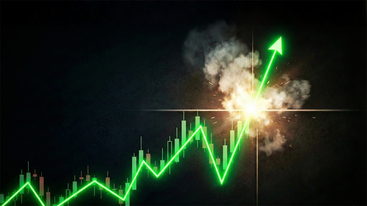 Green candlestick chart bursts upward, symbolizing insurance stocks breaking out to new 52-week highs.