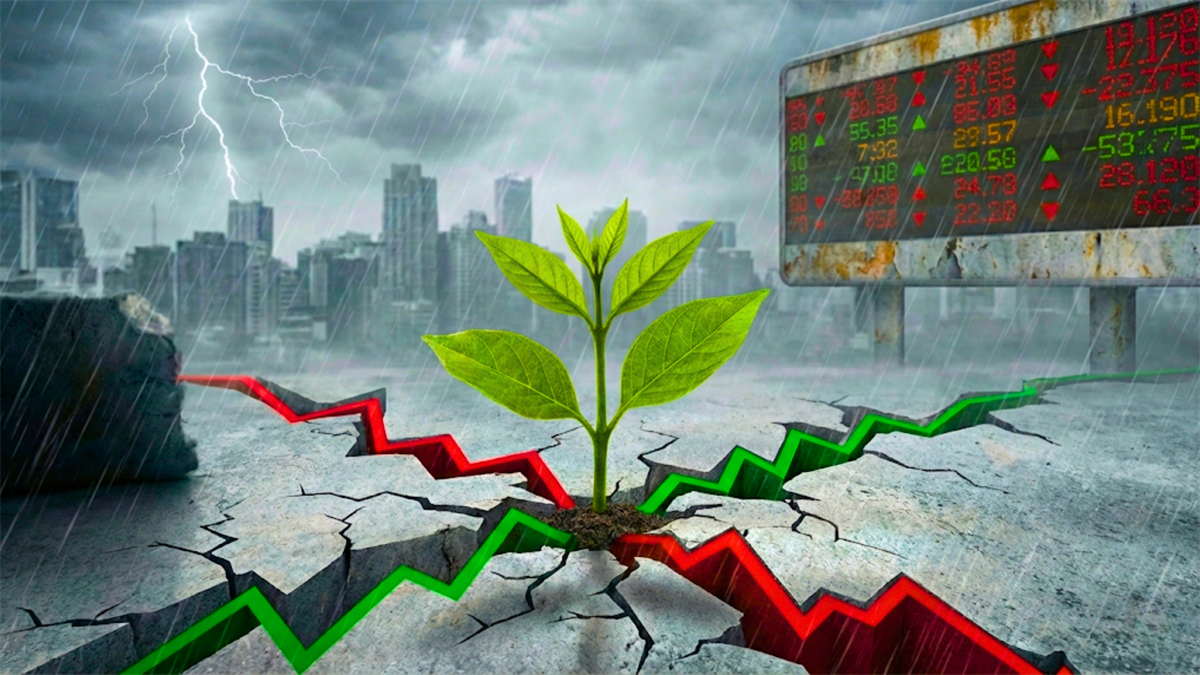 Green sprout grows through cracked ground as red and green market lines swing, signaling volatile investing outlook.