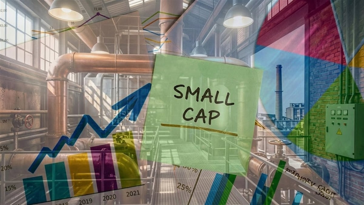 A composite image featuring a "Small Cap" label overlaid on an industrial facility backdrop with financial charts.