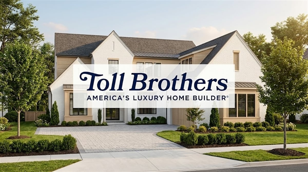Toll Brothers logo overlaid on a rendering of a suburban luxury single-family home.