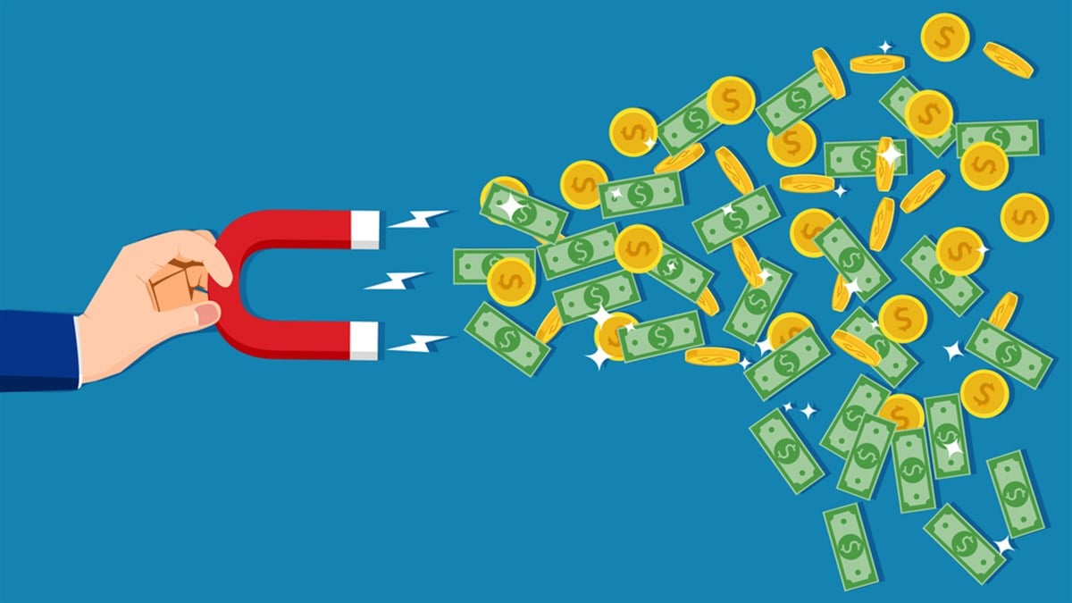 A human hand that attracts money with a magnet. concept of attracting money. vector