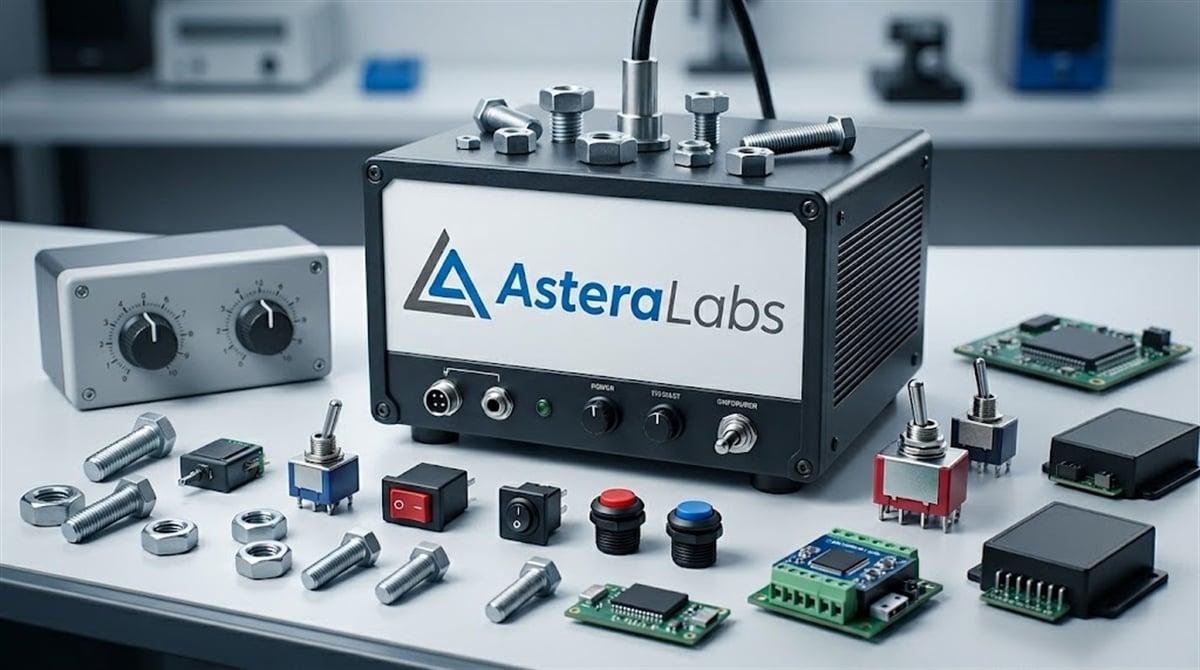 Astera Labs branded electronic device displayed alongside circuit boards, switches, bolts, and components on a lab bench.