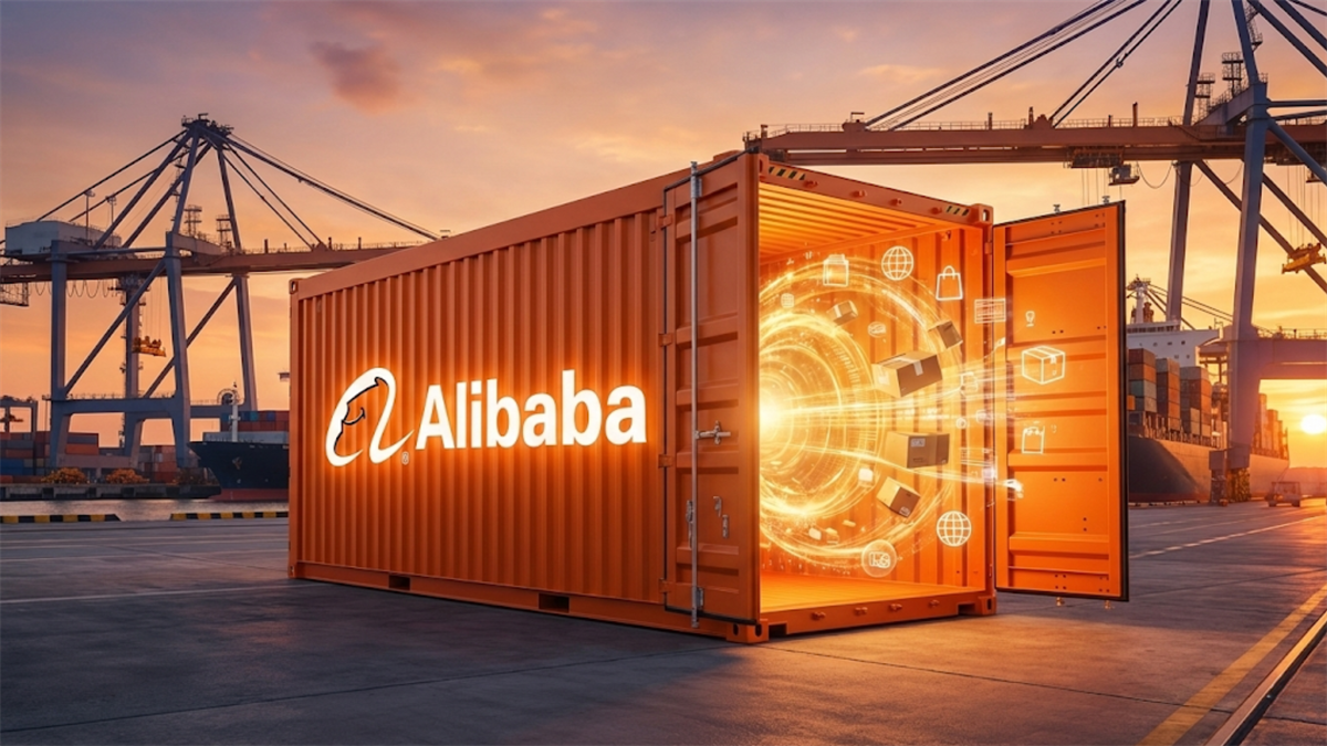 Alibaba-branded shipping container with digital commerce icons highlights global e-commerce logistics.