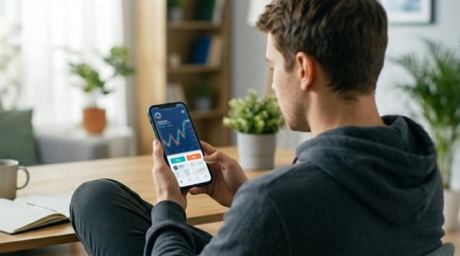 A man reviews a stock trading app displaying a price chart on his smartphone at home.