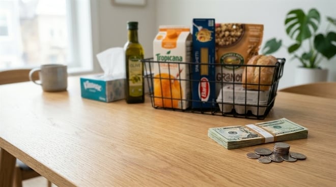A wire basket filled with groceries including Tropicana juice and Barilla pasta sits beside U.S. currency on a wooden table.