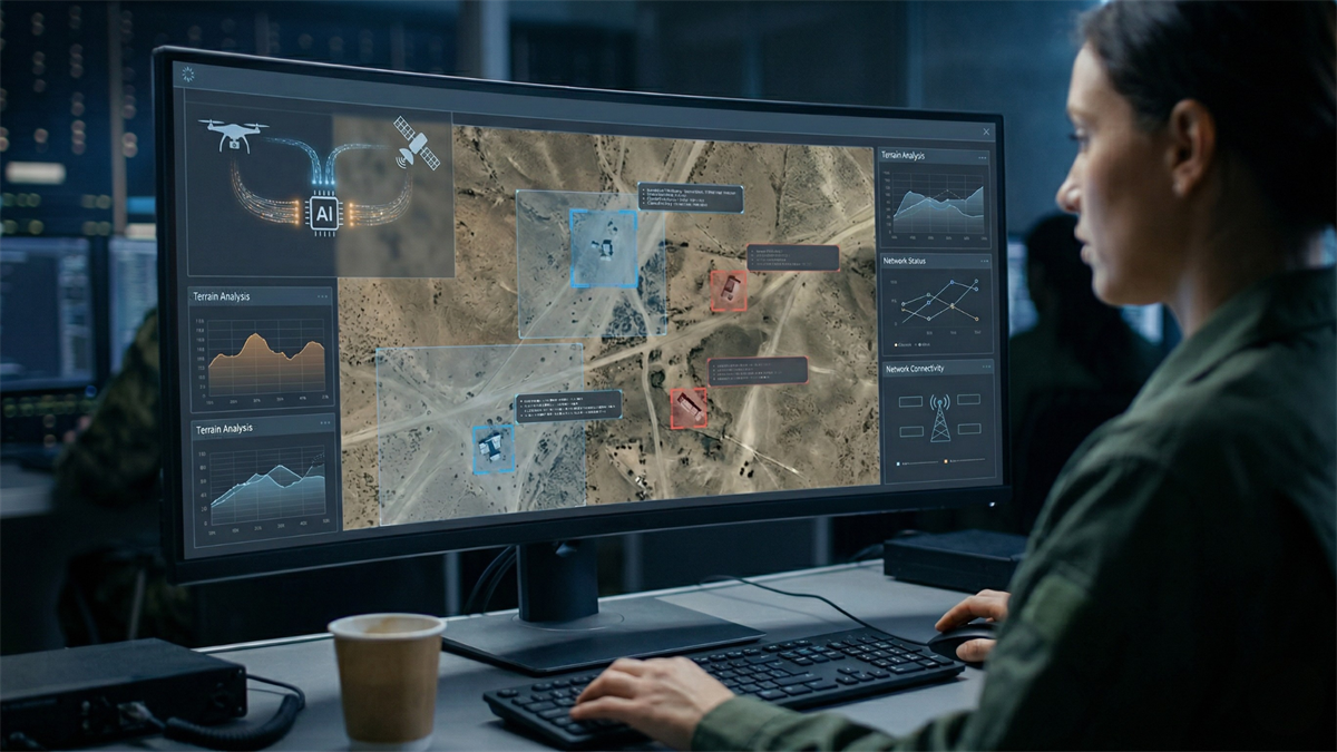 Analyst monitors AI-driven geospatial intelligence platform, highlighting Palantir Maven’s role in defense tech growth and government contracts.