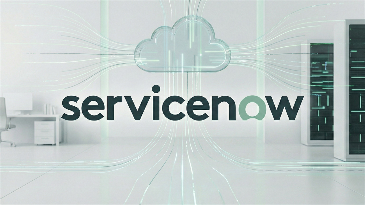 ServiceNow logo with a cloud icon and flowing data lines in a clean server-room setting, representing enterprise workflow and AI automation.