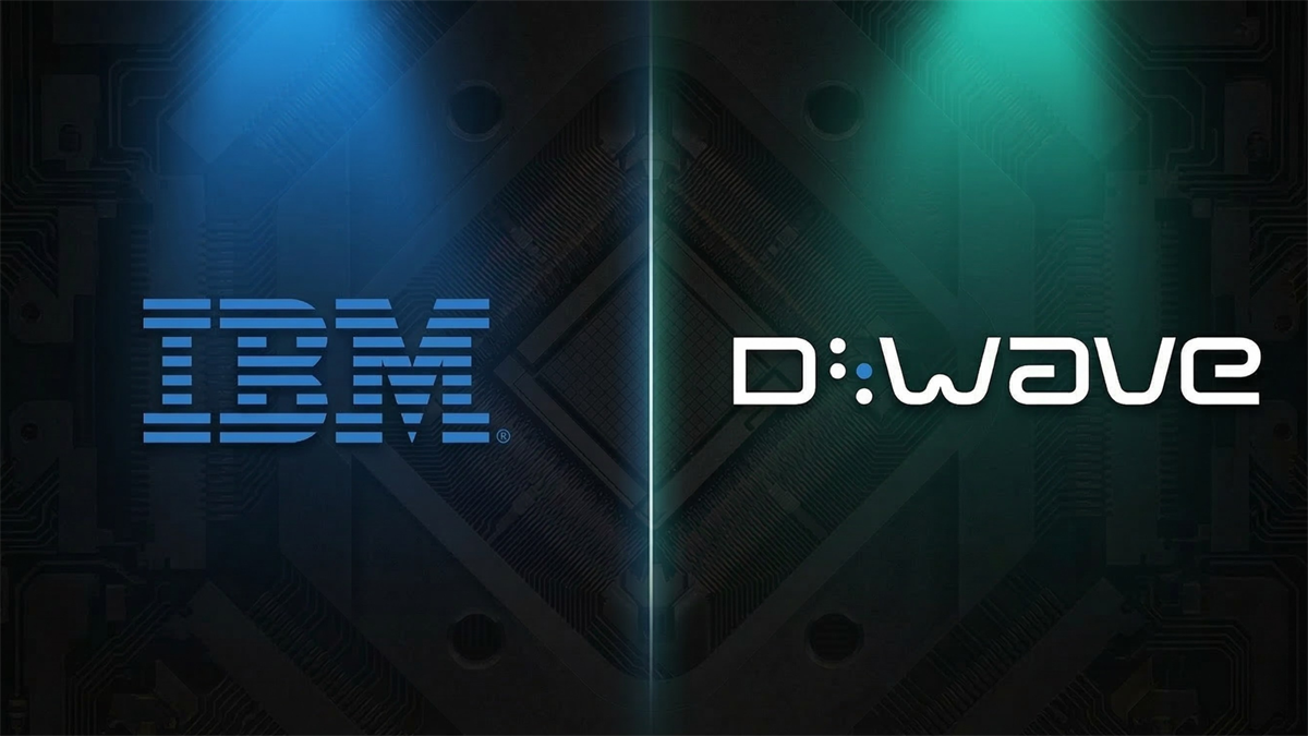 IBM and D-Wave logos facing off over a quantum processor background, illustrating competition in the quantum computing race.