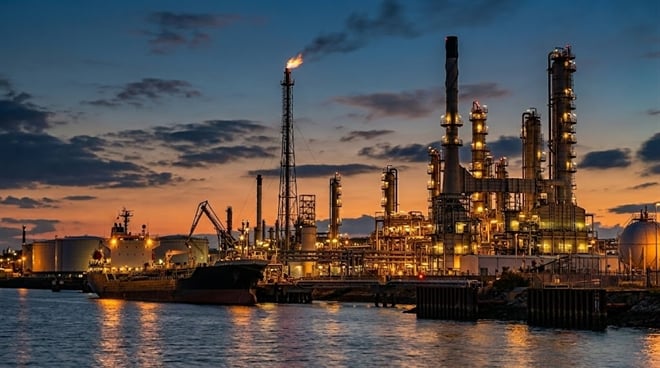 An illuminated oil refinery and docked tanker ship beside water at sunset.