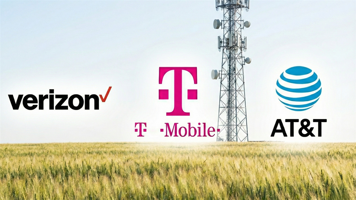 Verizon, T-Mobile and AT&T logos beside a cell tower, symbolizing strong 2026 telecom gains.