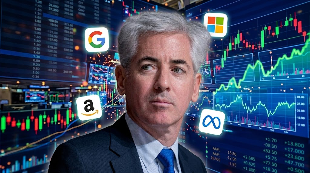 Bill Ackman shown against a stock chart background with Google, Amazon, Microsoft, and Meta logos.