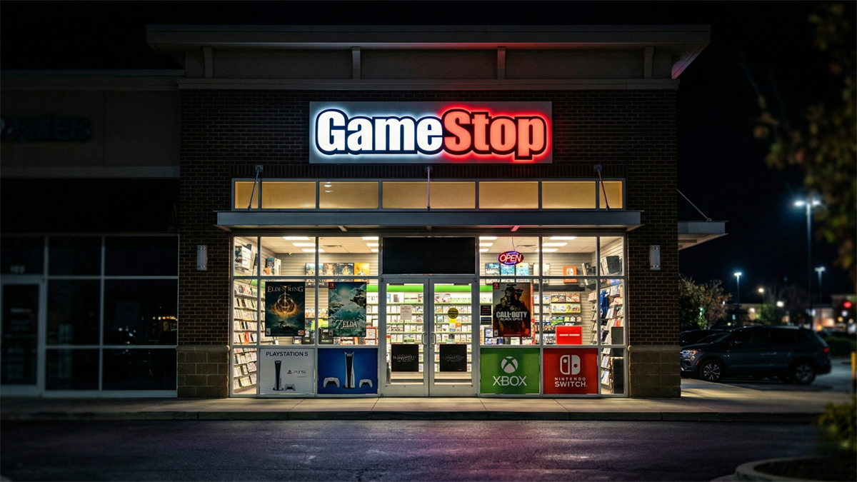 GameStop retail storefront at night, symbolizing video game retail slowdown and uncertainty in declining core business.