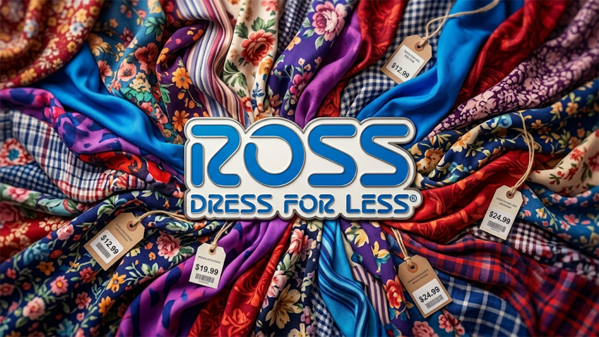 Ross Dress for Less logo over assorted apparel fabrics with price tags.