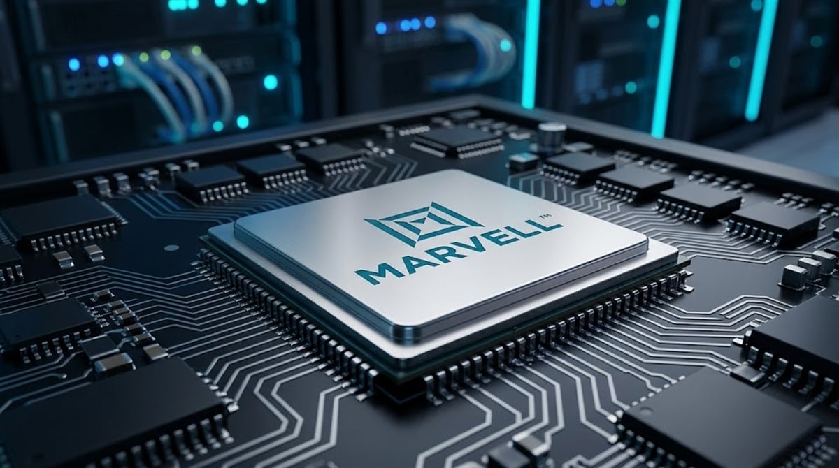 A Marvell Technology branded semiconductor chip mounted on a circuit board in a data center setting.