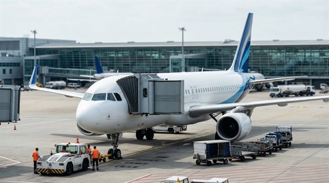 A commercial passenger airplane parked at an airport terminal gate.