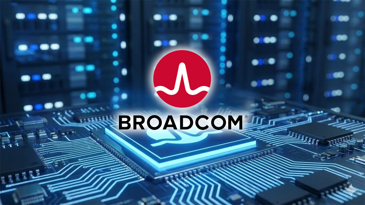 Broadcom logo appears on a semiconductor chip inside a data center, underscoring AI infrastructure demand.