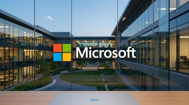 Microsoft logo displayed on glass overlooking a modern corporate campus courtyard.