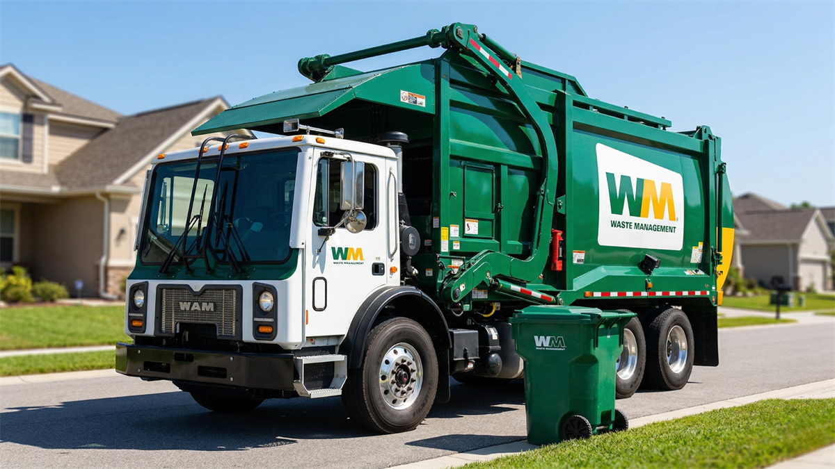Waste Management garbage truck collecting bins in suburban neighborhood, reflecting steady dividend growth and service demand.