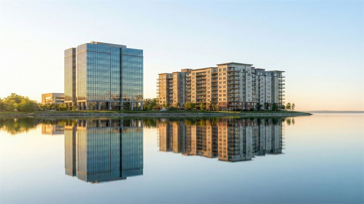 Modern office tower and apartment buildings on a calm waterfront, reflecting in the water—symbolizing REIT real estate assets.