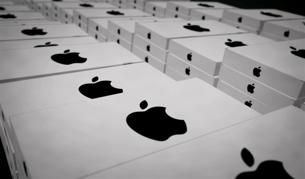 Poznan, Poland, March 27, 2024: Apple product production line. Technology company. Cardboard pack factory. Abstract concept 3d illustration.