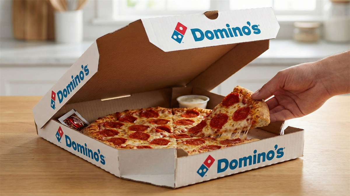 Domino’s Pizza pepperoni pie in branded box.