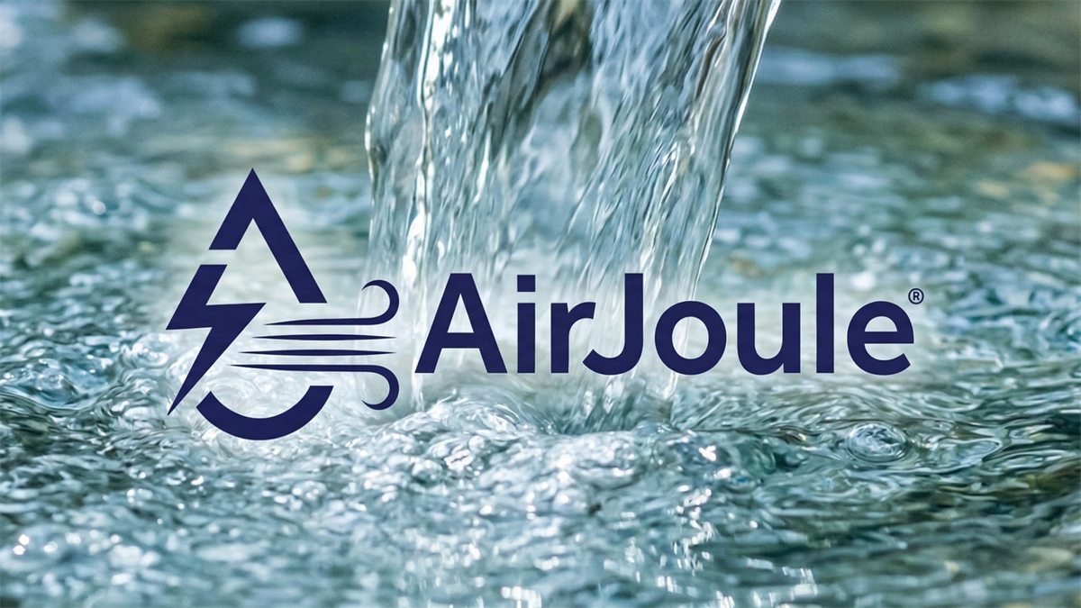 AirJoule logo over flowing water stream, symbolizing water-from-air technology and clean water production innovation.