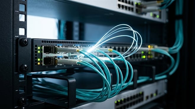 Glowing fiber optic cables connected to a data center network switch.
