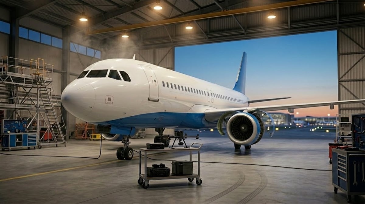 A commercial passenger aircraft undergoing maintenance inside an airport hangar at dusk.