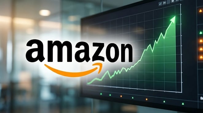 Amazon logo displayed alongside a monitor showing an upward-trending green stock price chart.