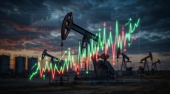 Oil pump jacks at dusk overlaid with a volatile green and red stock price chart graphic.