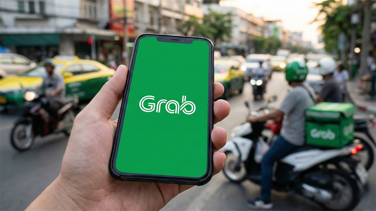 Hand holding a phone with the Grab logo on a busy street.