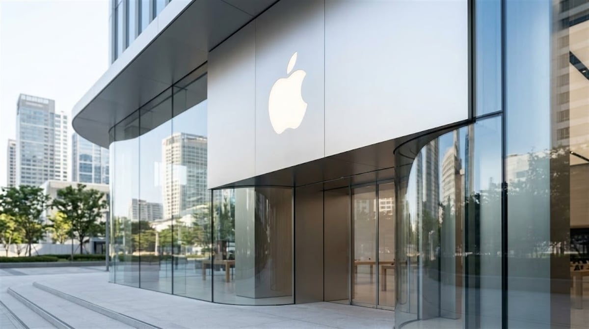 Exterior of an Apple retail store featuring the company logo on a glass and steel facade.