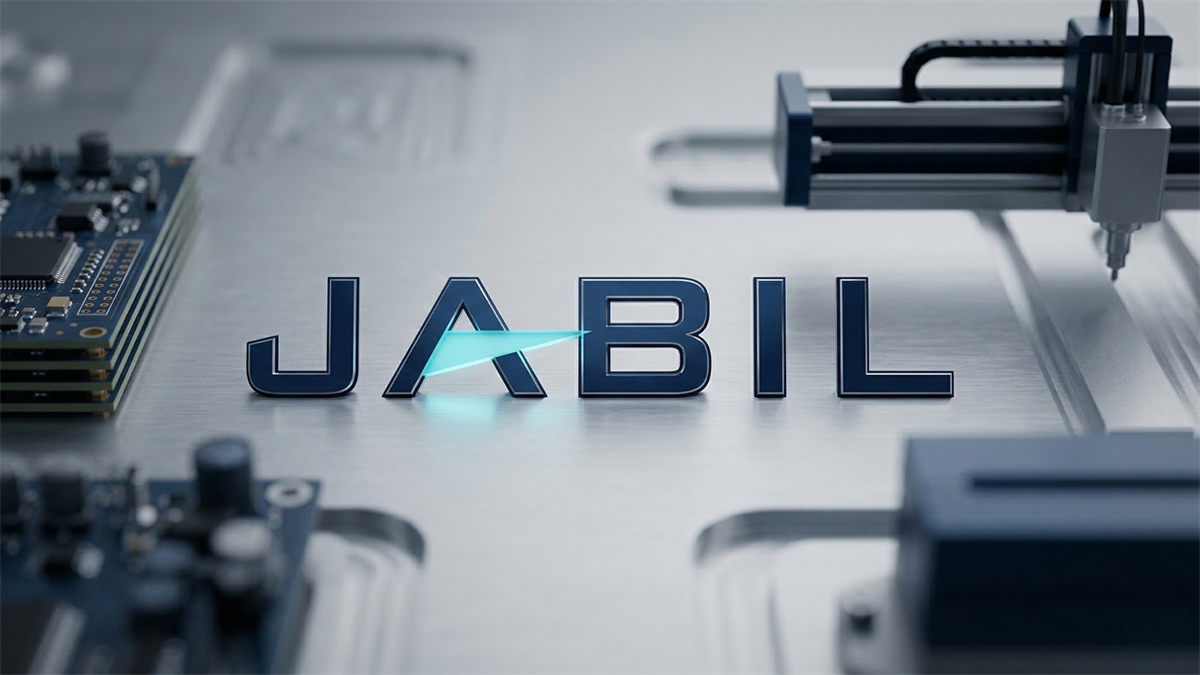 Jabil logo on a high-tech electronics manufacturing line with robotic arms and circuit boards, symbolizing AI-driven production growth.