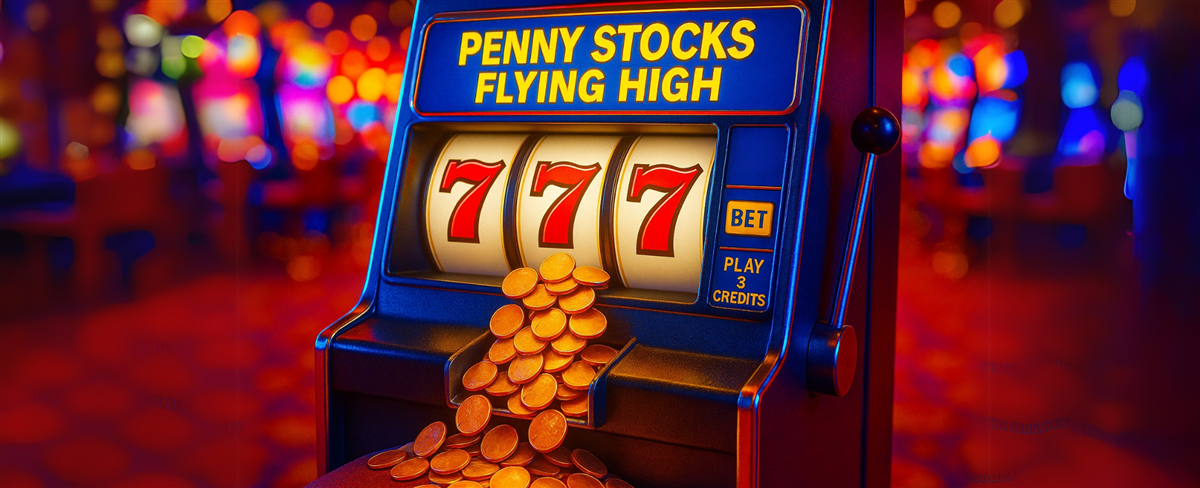 Penny Stocks Flying High slot machine - This image is an original composition by MarketBeat using licensed and editorial elements. Not for redistribution or reuse.