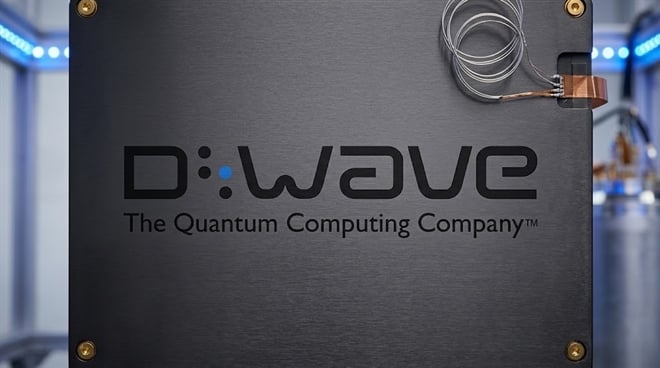 D-Wave Quantum Inc. logo displayed on a quantum computing hardware panel in a lab setting.