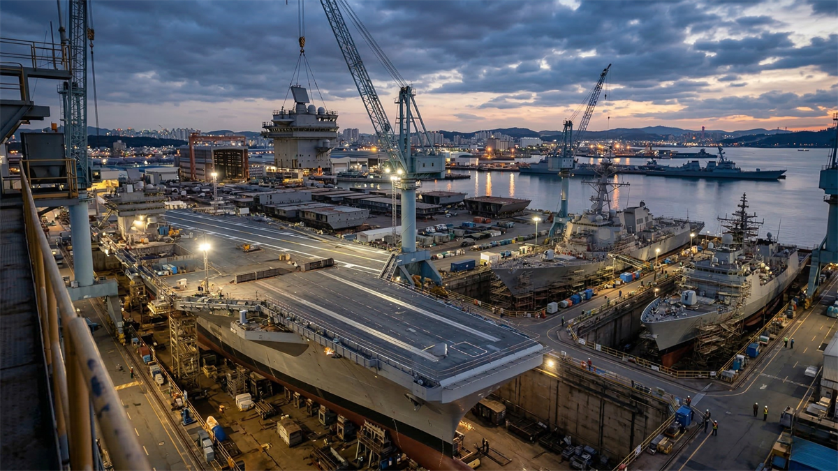 Busy naval shipyard with warships and cranes at dusk, illustrating the defense shipbuilding surge benefiting companies like Huntington Ingalls.