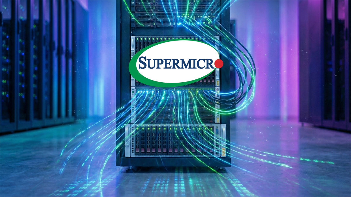 Super Micro servers in a data center with glowing data streams, symbolizing high-performance AI.