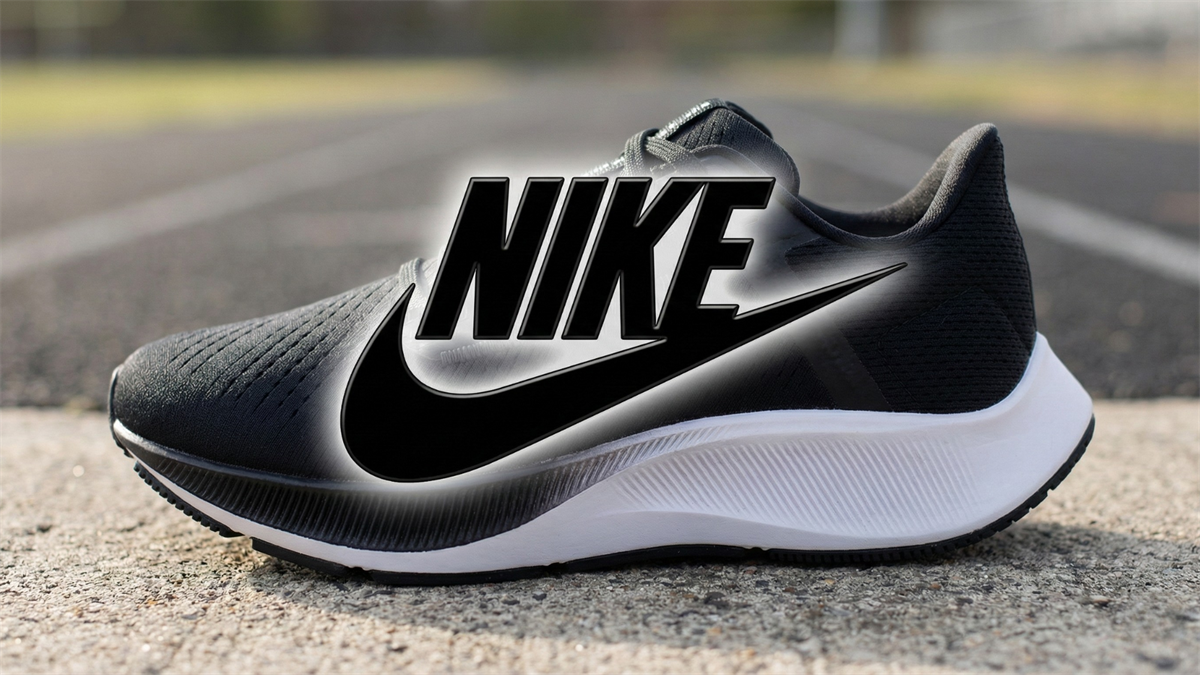 Nike logo positioned in front a running shoe, highlighting the recent strength of its running product line.