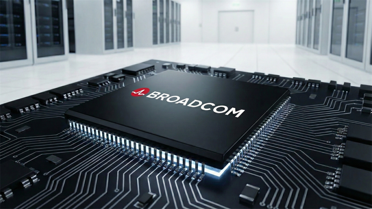 Close-up of a Broadcom-branded AI chip on a circuit board in a modern data center, symbolizing semiconductor performance and margin concerns.