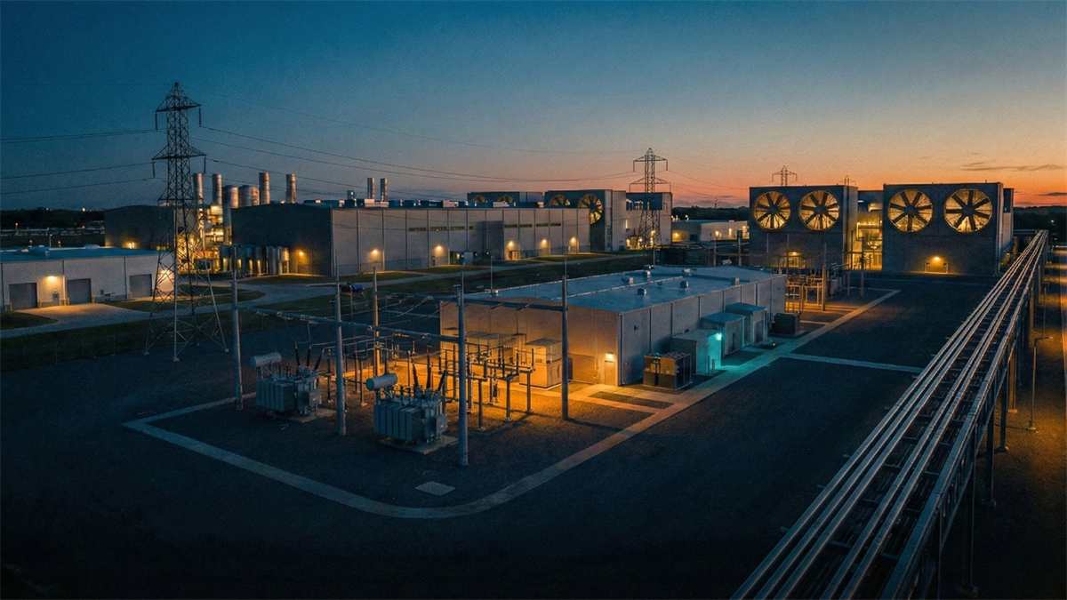 Cinematic view of a next-generation data center at dusk.