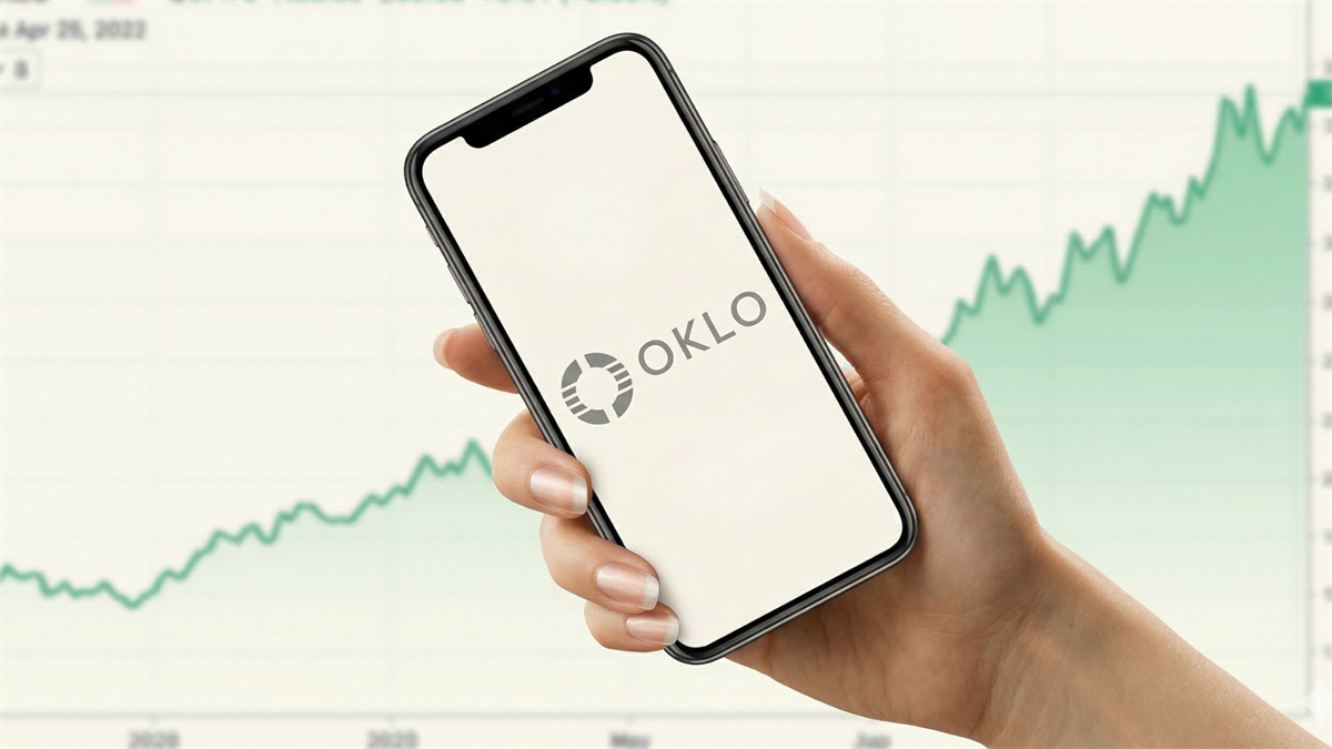 Hand holding smartphone displaying Oklo logo against rising stock chart, symbolizing nuclear energy stock rebound and investor optimism.