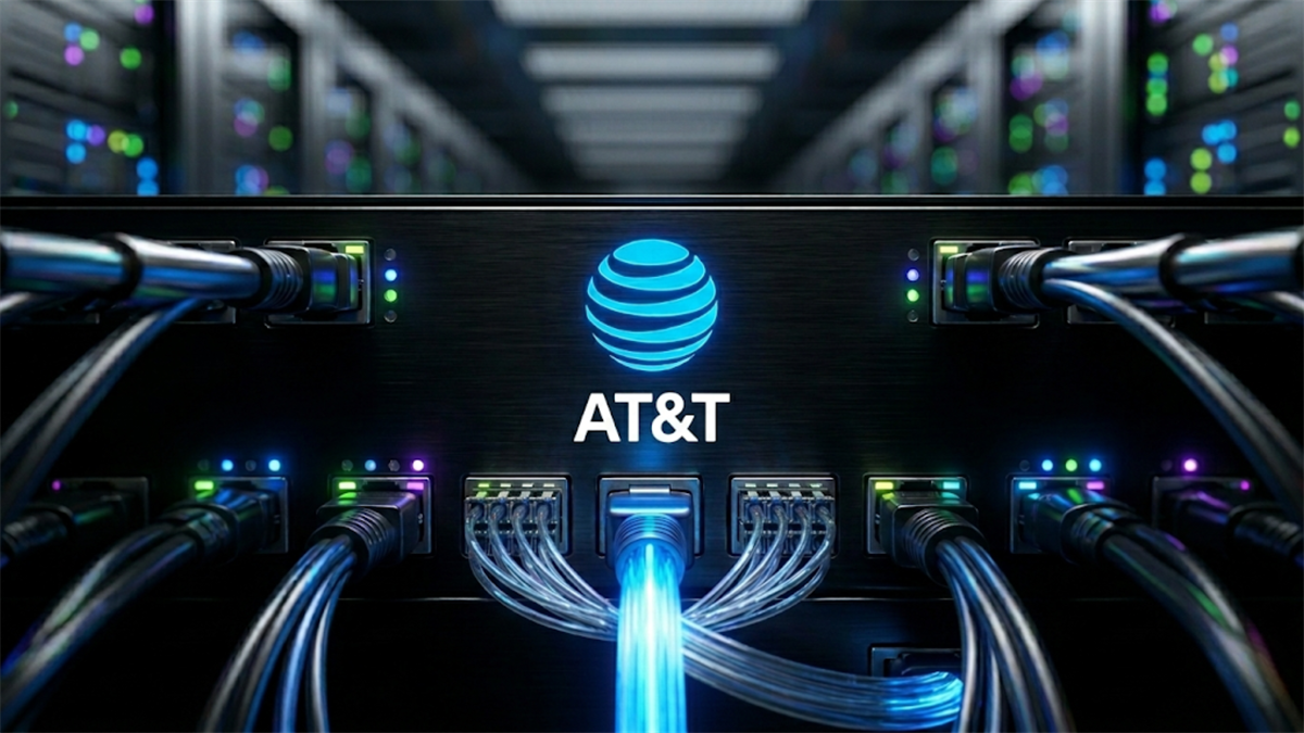 AT&T logo on network equipment with fiber optic cables.