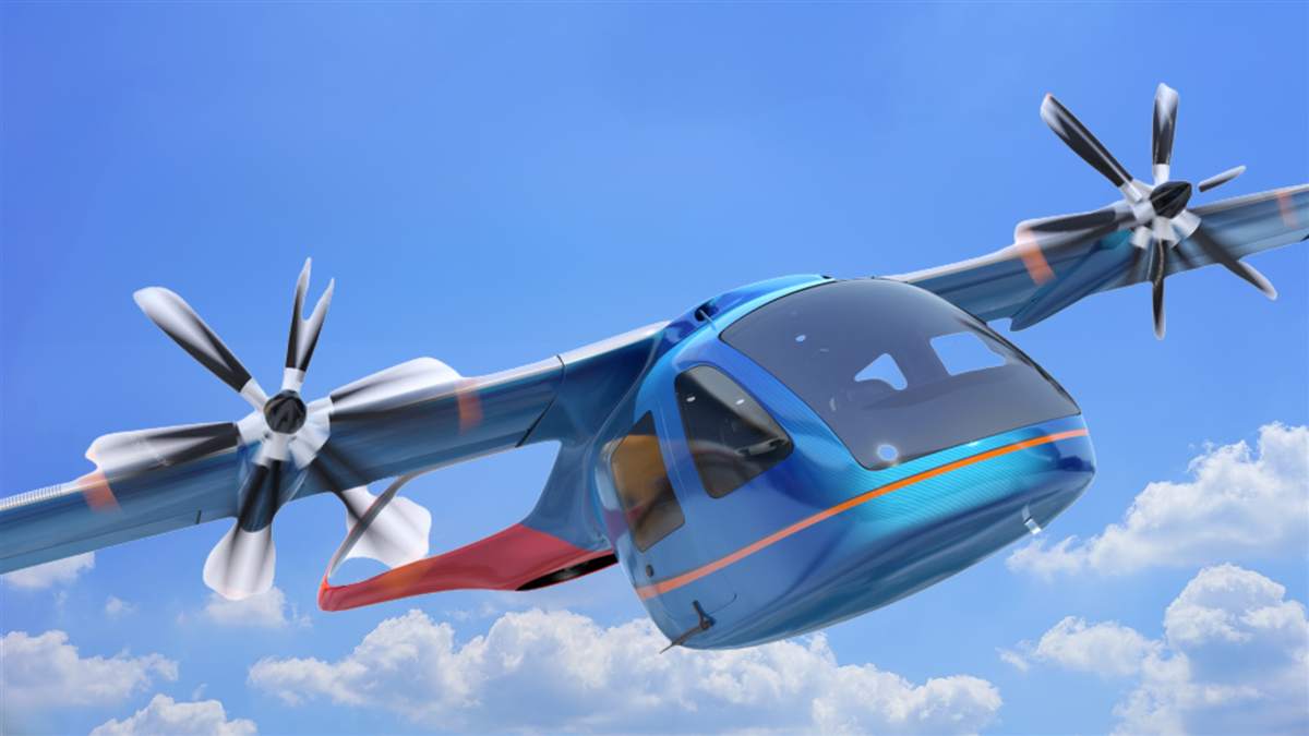 Metallic blue e-vtol passenger aircraft taking off from an urban airport. urban passenger mobility concept