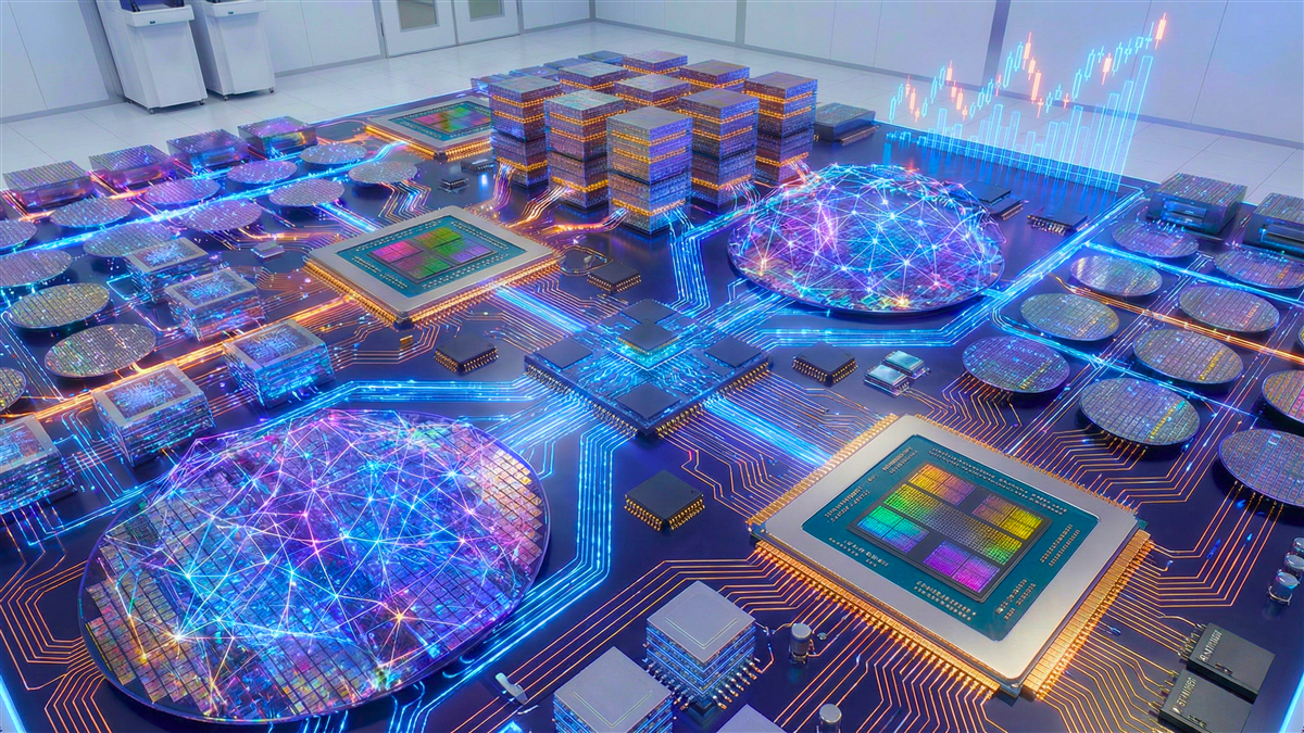 Glowing semiconductor chips and wafers connected by circuitry highlight rapid chip-industry innovation.