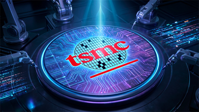 TSMC logo displayed on a glowing semiconductor wafer surrounded by robotic arms in a stylized factory setting.