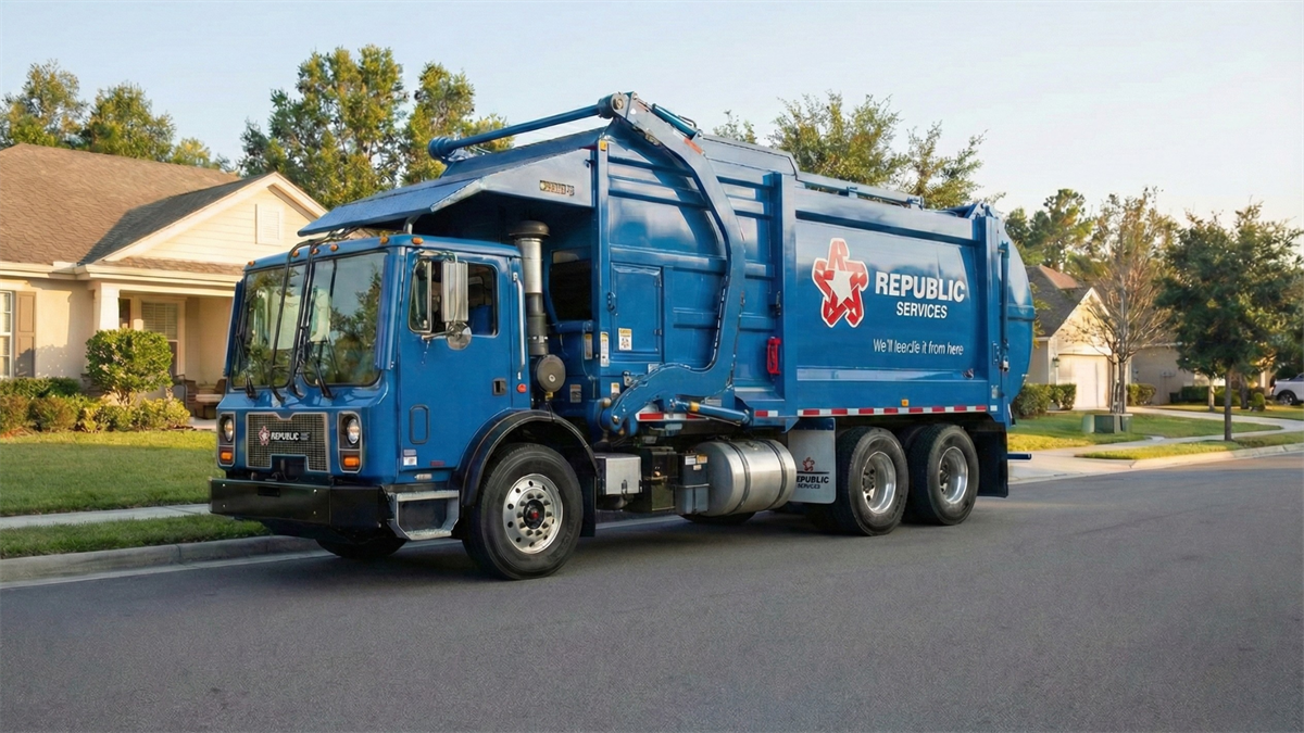 Blue Republic Services garbage truck parked on a suburban residential street, company logo clearly visible on the side, representing the waste management industry.