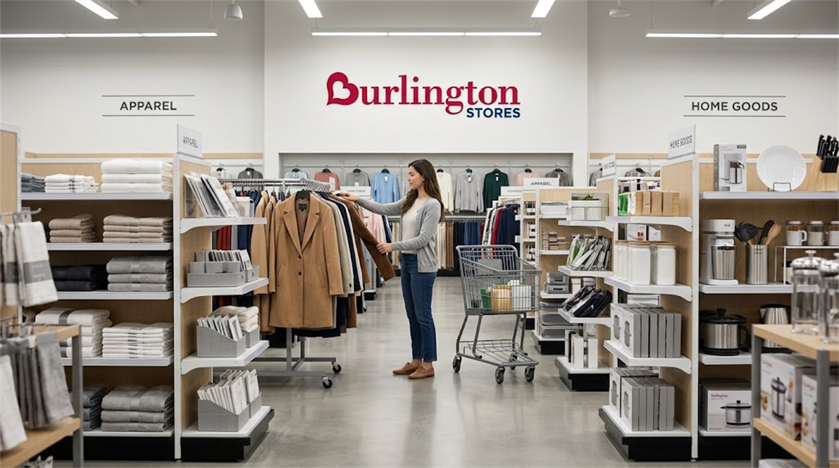 A shopper browses a clothing rack inside a Burlington Stores retail location with apparel and home goods sections visible.