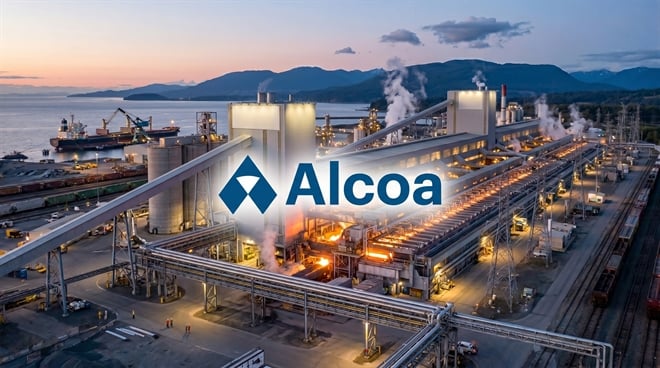 Alcoa logo overlaid on an aerial view of an industrial aluminum smelting facility near a waterway.