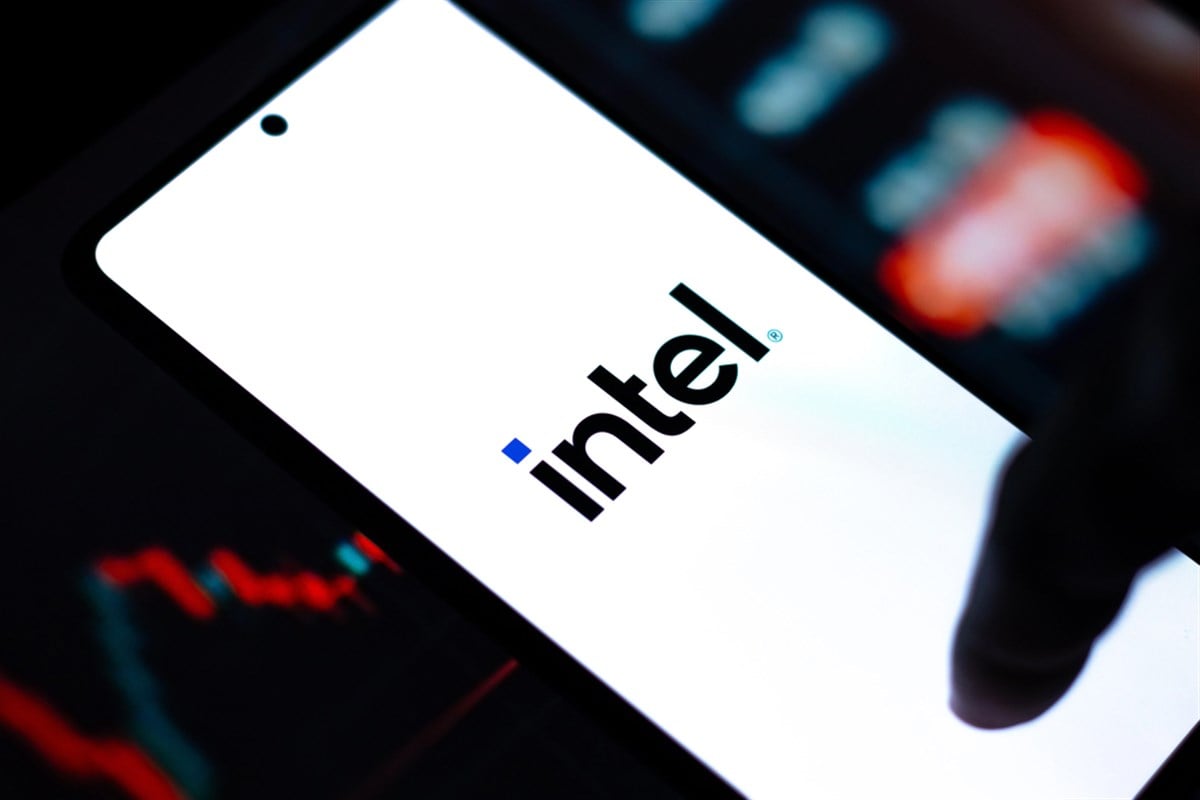Intel logo on phone screen.