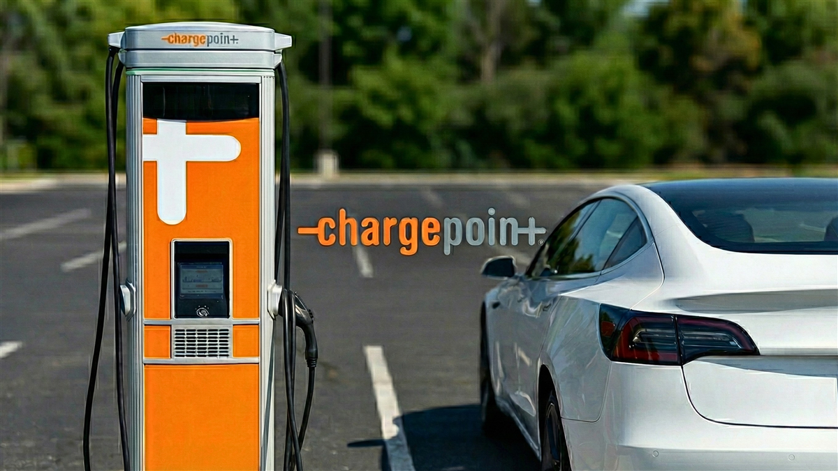 ChargePoint EV charger beside a parked electric car underscores growing demand for public charging infrastructure.